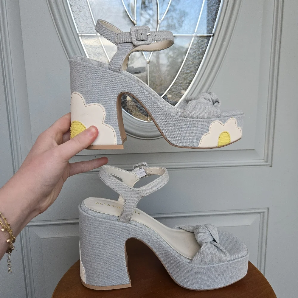 Light Blue Denim Platform Sandals with Yellow Daisy Accent